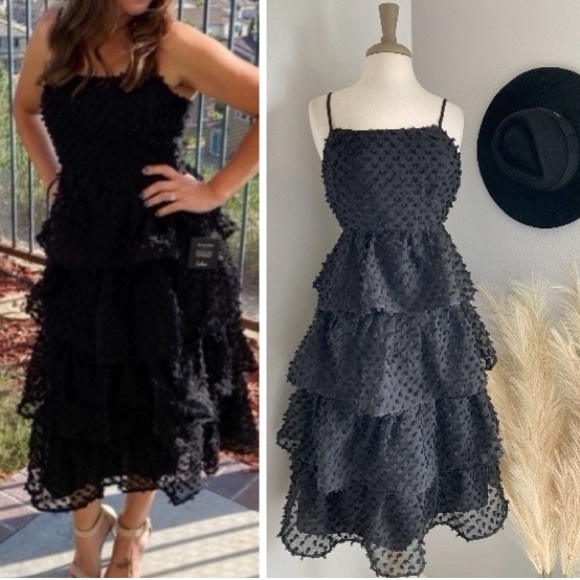 ❤️ Lulus Flirting with You Black Tiered Pom Pom Midi Dress - Picture 4 of 17